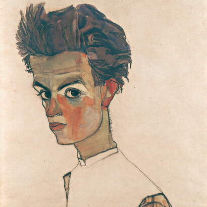 Egon Schiele (1890 – 1918), Selbstbildnis mit gestreiftem Hemd, 1910, Ausschnitt, Schwarze Kreide, Gouache auf Papier, 44,3 x 30,5 cm, Leopold Museum, Wien, Foto: Leopold Museum, Wien/Manfred Thumberger