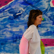 Monique van Genderen in her studio, background detail of B Side. Courtesy the artist and Quint Gallery