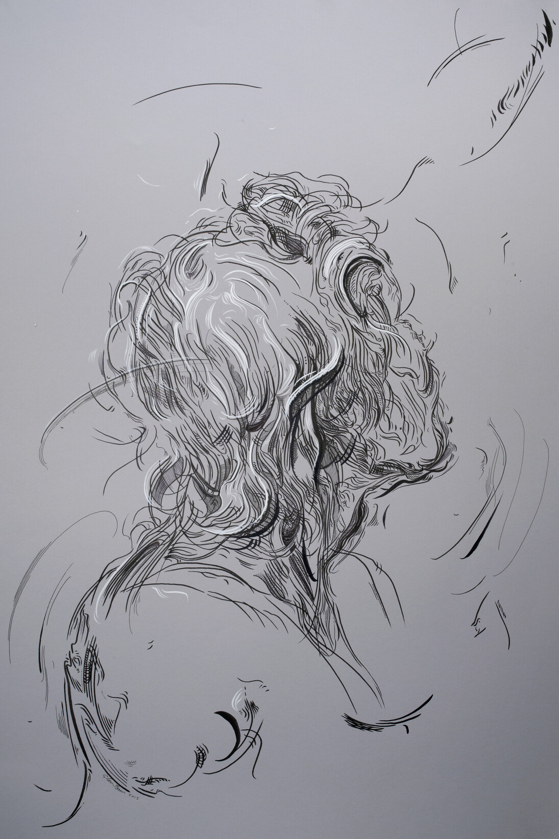 Glenn Brown, Drawing 3 (after Del Sarto), 2015, Indian ink and acrylic on paper, Canford Dreadnought Grey 150gsm, 84 x 59,3 cm, Courtesy de l’artiste et de la Galerie Max Hetzler, Berlin | Paris
