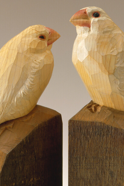Kotaro Takamura, ‘A Couple of White Paddy-Birds’, detail, c.1931, Painted wood, Private Collection. 
Photo: Tadashi Takamura