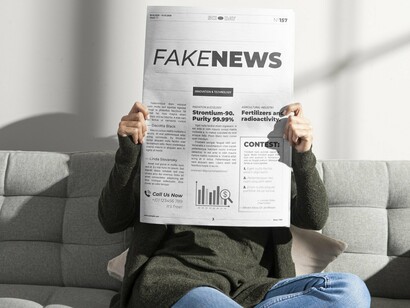 A woman reading a newspaper marked “fake news,” representing how misinformation shapes public scepticism toward science