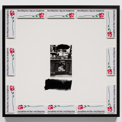 Jordan Wolfson, Unititled, 2020, archival inkjet print with enamel paint and marker, in powder-coated aluminum artist’s frame with decals, 45x41x3 inches (114.3x104.1 x 7.6 cm), © Jordan Wolfson. Photo by Ed Mumford. Courtesy the artist and Gagosian