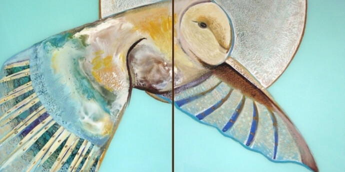 Sure Flight" by Carolyn Goodridge, Encaustic on Glass, 28” x 48”- Diptych framed. 