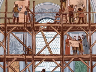 The fresco technique: arricio, drawing and painting, illustration by Sabrina Gabrielli