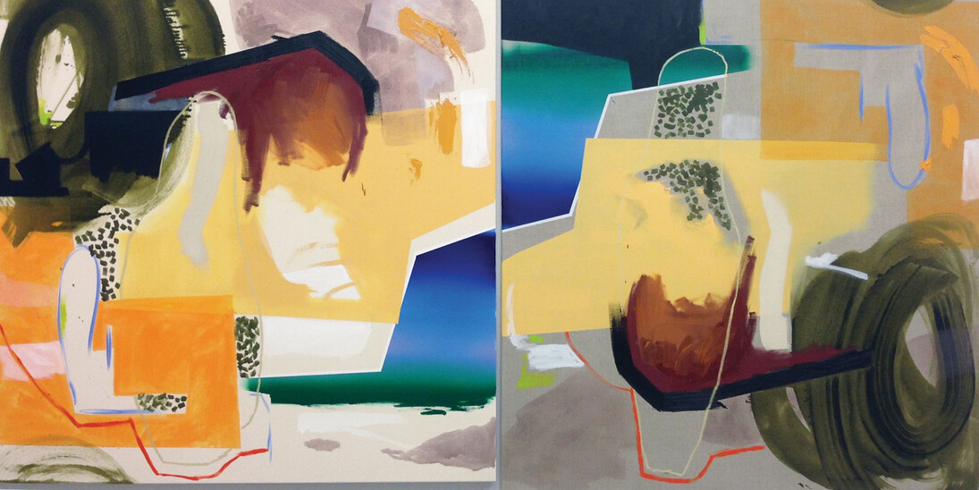 Trevor Kiernander, ?XYZ?, 2017, oil, acrylic, chalk pastel, and oil pastel on canvas, 155 x 290 cm (61 x 114 in) (diptych)