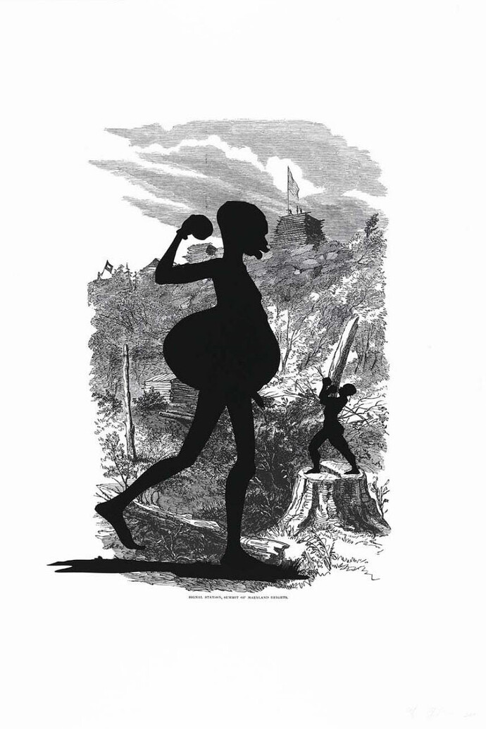 Kara Walker, Signal Station, Summit of Maryland Heights, from the portfolio Harper's
Pictorial History of the Civil War (Annotated)
2005, Offset lithograph and screenprint on paper, 53 x 39 inches, Smithsonian American Art Museum, Museum purchase through the Luisita L. and Franz H. Denghausen Endowment © 2005 Kara Walker