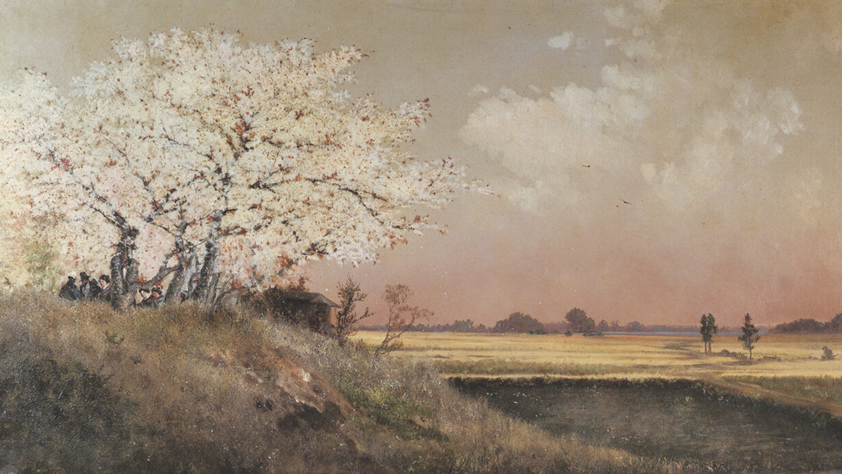 Takahashi Yuichi; detalle de «Flores de cerezo en el terraplén de Sumida»