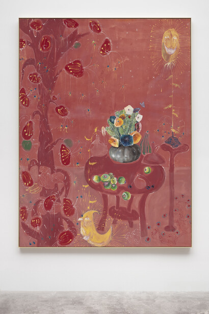 Paulo Nimer Pjota,
De manhã bem cedo quando a lua sai, 2023,
acrylic, oil and tempera on canvas,
210 x 160 cm,
82 5/8 x 63 in. Courtesy of the artist and Mendes Wood DM New York