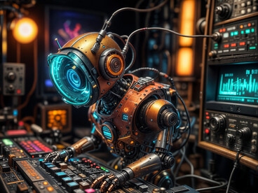 A robotic figure manipulating studio equipment, reflecting the rise of AI-generated music and machine-made creativity