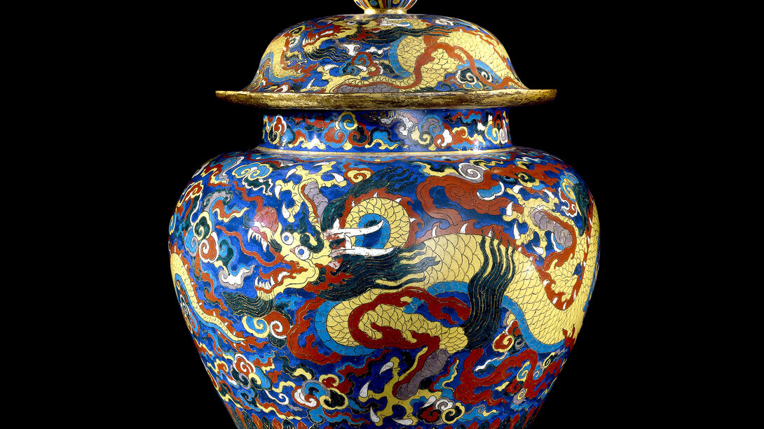 Cloisonné enamel jar and cover with dragons. Metal with cloisonné enamels, Xuande mark and period (1426-1435), Beijing. © The Trustees of the British Museum
