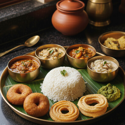 A traditional Brahmin meal is served on a brass thali, offering soft rotis, fragrant white rice, a vibrant spinach curry, a potato and pea curry, and cooling raita. This carefully prepared spread showcases the simple, pure, and balanced flavors of South Indian vegetarian cooking