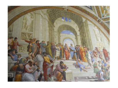 La Scuola di Atene, affresco di Raffaello Sanzio, (1509-1511), Musei Vaticani, Città del Vaticano, Italia. Particolare. Marzilio, pioniere assoluto, comincia a lavorare con queste persone fino ad ottenere miglioramenti. Gli strumenti sono: passeggiare, parlare, usare i sensi per tornare al momento presente, osservare la natura