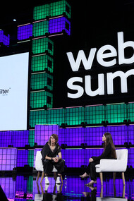 14 November 2024; Imogen Heap, Recording Artist & Technologist, Auracles.io; left, and Shara Senderoff, Co-founder & CEO, Jen; on Centre Stage during day three of Web Summit 2024 at the MEO Arena in Lisbon, Portugal
