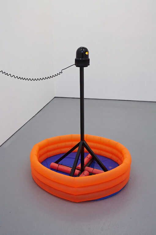 Norbert Delman, 'I.P.C. 3/4', 2015, Wood, inflatable pool, foam rollers, rotating amber beacon with magnetic base, Courtesy Maria Stenfors, Photography: Matthew Booth