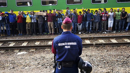 On 4 September 2015, Syrian refugees staged a protest on the platform of Keleti railway station in Budapest, Hungary, amid the escalating refugee crisis in Central Europe