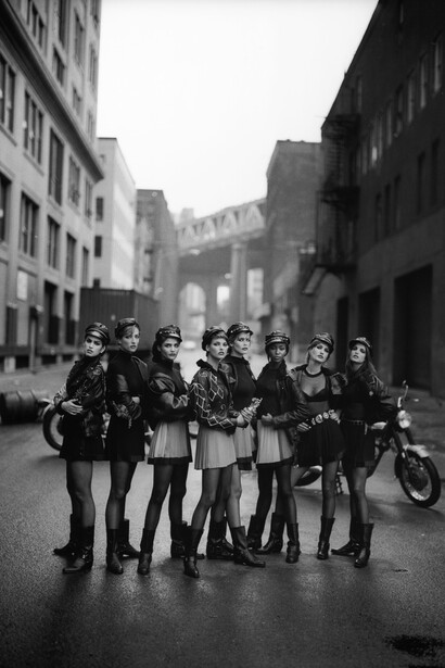 Cindy Crawford, Tatjana Patitz, Helena Christensen, Linda Evangelista, Claudia Schiffer, Naomi Campbell, Karen Mulder, Stephanie Seymour, Brooklyn, New York, USA, 1991. © Peter Lindbergh. Courtesy Gagosian Gallery