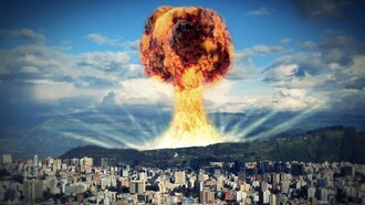 A dramatic illustration of a nuclear explosion unleashing destruction across a barren landscape, capturing the terrifying force of apocalypse