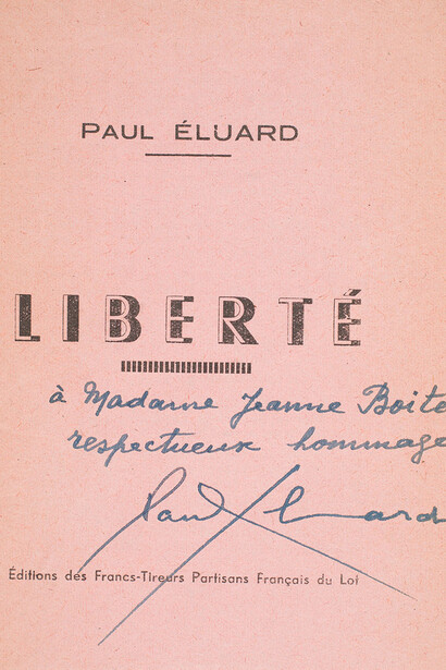 Documento
Eluard, Paul
Liberté (dedicatòria Madame Jeanne Boitel), 14 x 11,5 cm. Museu Picasso, Barcelona. Centre de Coneixement i Recerca