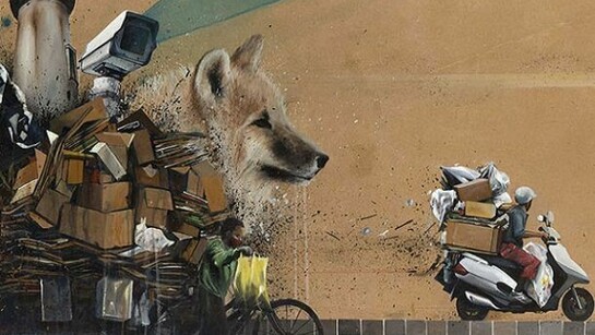 Optimist, “Seduced By Babylon” detail, acrylic on paper on aluminum and wood panel, 79″ x 25″