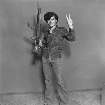 Akram Zaatari, Hashem El Madani—Palestinian resistant, Studio Shehrazade, Saïda, Lebanon, 1970–72. From “Objects of study/The archive of Shehrazade/Hashem el Madani/Studio practices,” 2006. Gelatin silver print, 11 1/2 x 11 1/2 in (29 x 29 cm). Courtesy the artist and Sfeir-Semler Gallery, Beirut/Hamburg
