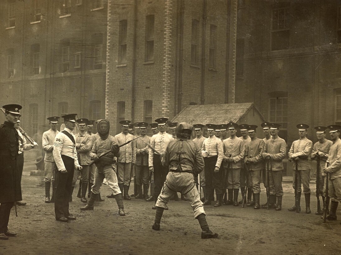Christina Broom, Bayonet practice for the 1st Irish Guards at Chelsea Barracks, in either 1911 or 1912 © Museum of London