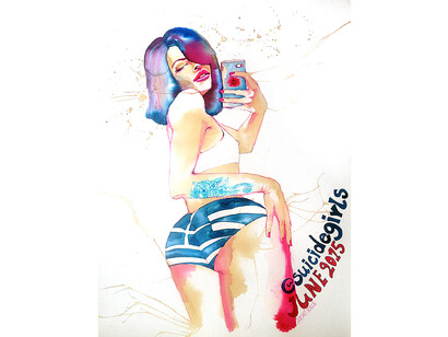 Demi Kaia, The perfect selfie. Ella posing like suicide girl, ink & pencil on paper, 83 x 68 cm