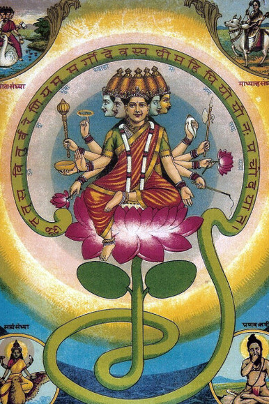 Gayatri Mantra personified as the goddess Gayatri, surrounded by the Tamil Om symbol, with the mantra written in it. From left clockwise: Brahmi as Pratah Sandhya (Morning), Maheshwari as Madhyanika Sandhya (Afternoon), Pranava Rishi and Vaishnavi as Sayam Sandhya (Evening)