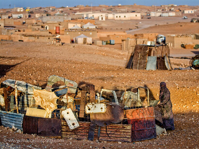 Recogiendo materiales para construir viviendas en un campamento de refugiados saharauis en Tinduf, Argelia
