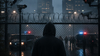 A solitary figure stands before a surveilled city, where security and control blur the boundaries of freedom