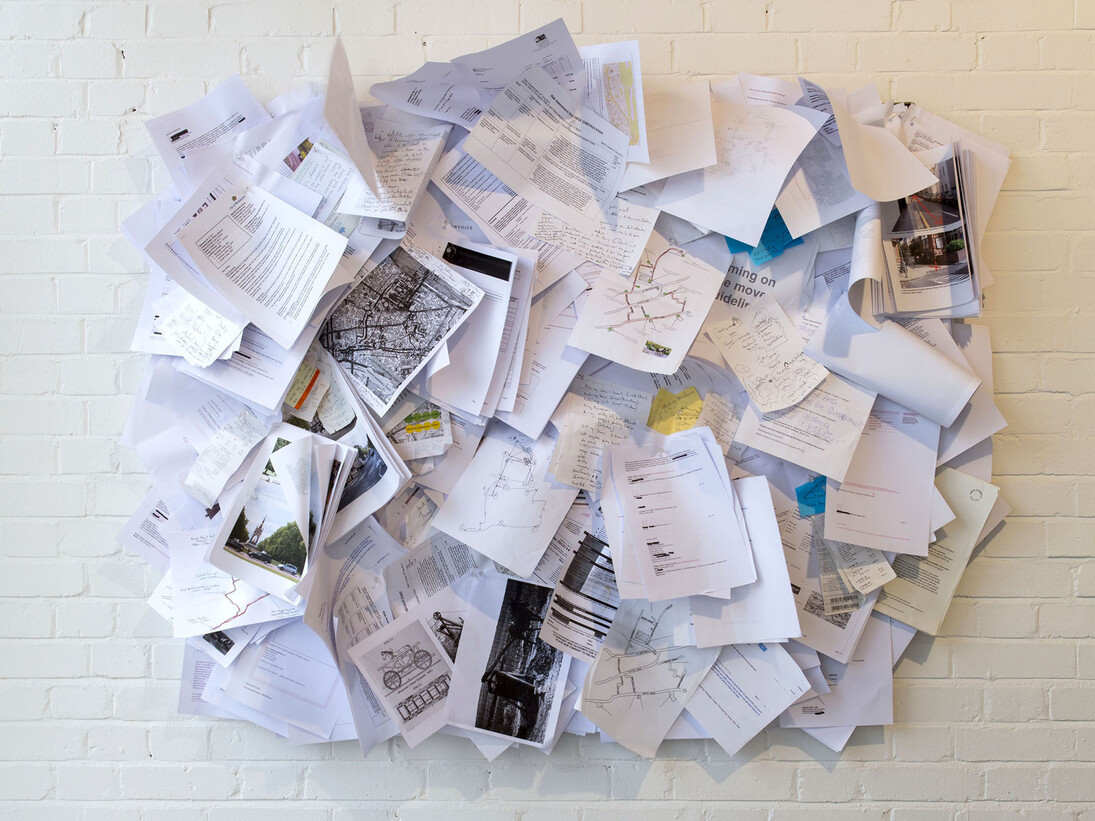 William Mackrell, Deux Chevaux (Documentation), 2014, Pin board, printed correspondence, 170 cm x 140 cm x 20 cm, Courtesy The Ryder Projects