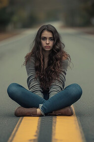 A portrait of a lonely, sad woman sitting on the side of the motorway, symbolizing isolation and emotional turmoil