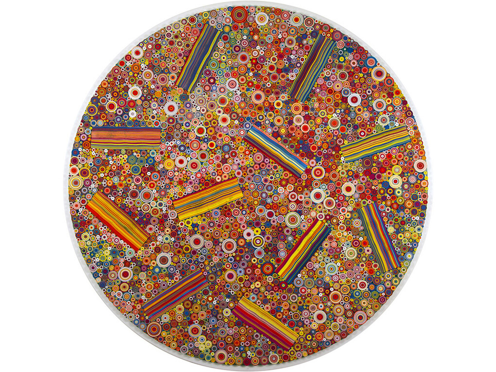 Hadieh Shafie, Transition 4, 2014, Ink, acrylic and paper with printed and handwritten Farsi text Eshgh ("Love/Passion"), 60 in / 152.4 cm diameter
