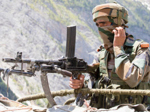 Indian frontier guard. Indian Army checkpoint in Kashmir Himalayas, India