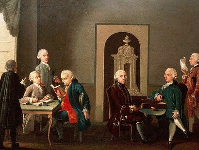 The Accademia dei Pugni. From left to right: Alfonso Longo (back), Alessandro Verri, Giambattista Biffi, Cesare Beccaria, Luigi Lambertenghi, Pietro Verri and Giuseppe Visconti di Saliceto