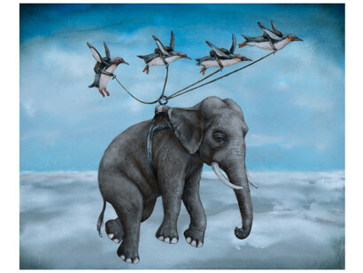 Tyson Grumm, Waddle Raft (avian transport), acrylic on panel, 15x18 inches. Courtesy of the artist and Particia Rovzar Gallery