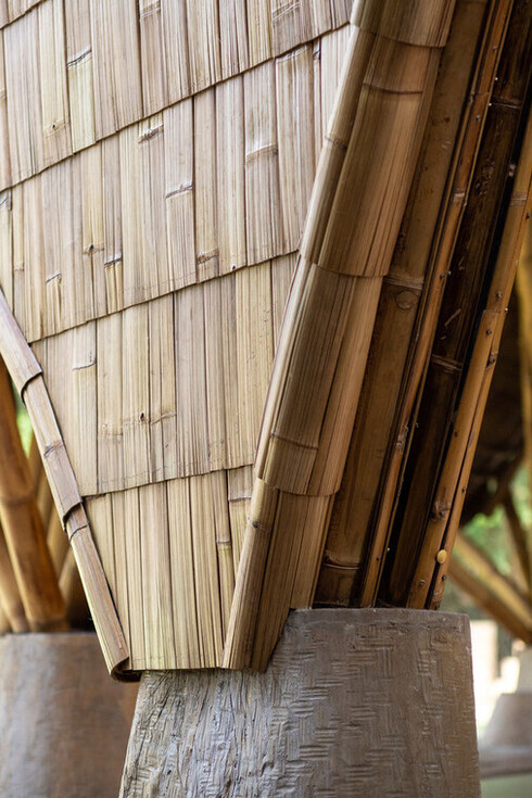 A close-up of tightly lashed bamboo joints showcases the craftsmanship and precision that give The Arc at Green School in Bali, Indonesia, its strength and flexibility