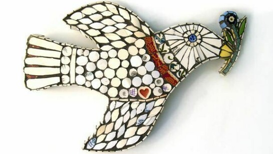 Cleo Mussi, Dove Holding Aricula, found and discarded ceramics, 24cm x 37cm