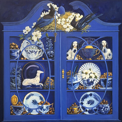 Marie Cameron, Blue curio cabinet - Steller’s jays (detail), 2026. Courtesy of Andra Norris Art Gallery