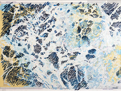 Martin Machado, My Wake Series: The Yellow Sea (detail), 2021. Oil on Ship’s Nautical Chart, 29 x 40 1/2 in, 73.7 x 102.9 cm. Courtesy of Eleanor Harwood Gallery