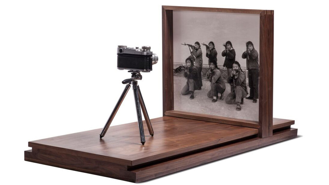 Cai Dongdong Aiming at the Camera, 2017 Gelatin silver print, camera, wood47 1/4 x 22 1/16 x 19 11/16 inches (120 × 56 × 50 cm) 2 of 3© Cai Dongdong, courtesy Klein Sun Gallery