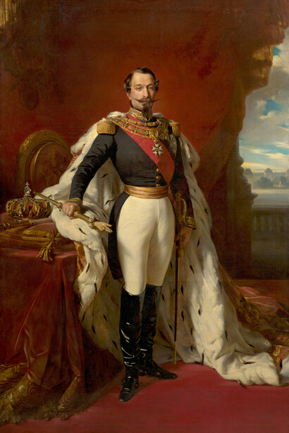 École française de la fin du XIXe siècle, Atelier de Franz-Xaver Winterhalter, Portrait en pied de l’Empereur Napoléon III en petit uniforme de général de division et Portrait en pied de l’Impératrice Eugénie, Paire d’huiles sur toiles. Avec la courtoisie de Artcurial