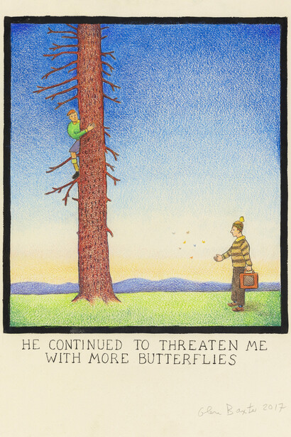 Glen Baxter, He Continued To Threaten Me With More Butterflies, 2017, Ink and crayon on paper (C) Glen Baxter, courtesy of Flowers Gallery