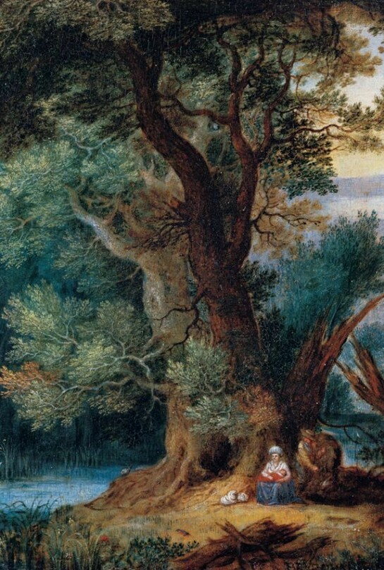 Jan Brueghel il Vecchio, Riposo durante la fuga in Egitto, 1602 – 1605 ca. Olio su rame inserito su tavola, 15×11,5 cm Gent, collezione privata