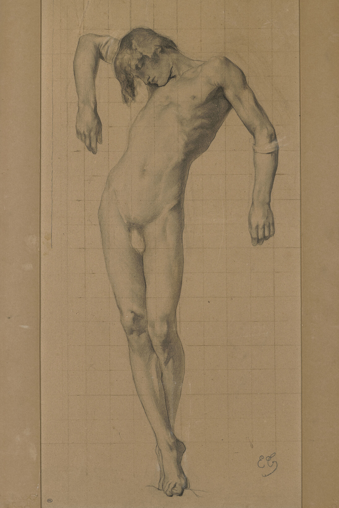 Eugène Thirion (1839-1910), Jeune homme nu, debout, soutenu par les bras Estompe, fusain, 58 x 29 cm, Paris, musée d’Orsay, RF 36054, recto, © RMN-Grand Palais (Musée d’Orsay) / Adrien Didierjean