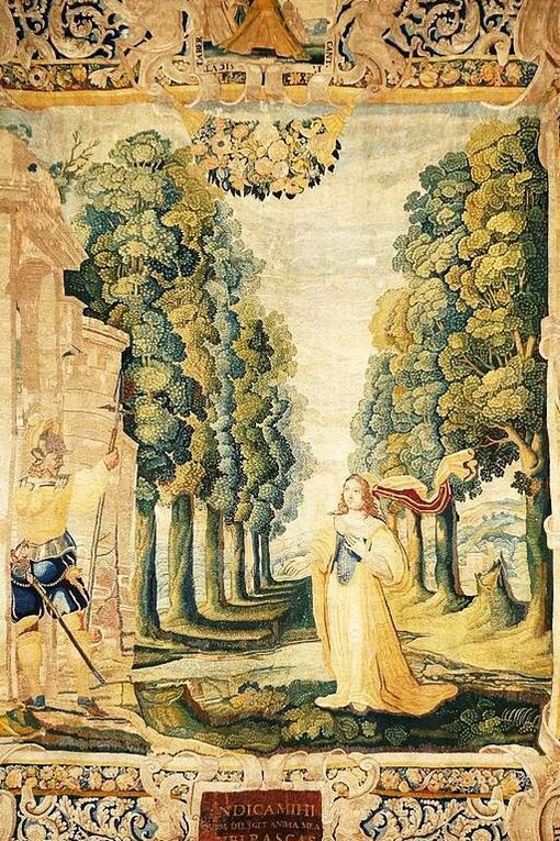 Arazzo “La sposa incontra lo sposo all'ingresso del giardino” dal Cantico dei Cantici, realizzato in Francia alla fine del XVII secolo, dal castello di Hauteville, Francia 