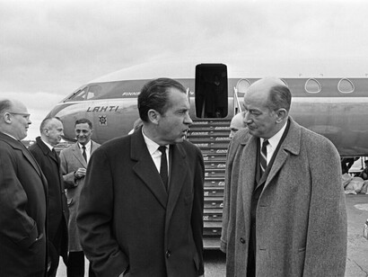 Richard Nixon, former U.S. Vice President, arrives in Finland in April 1965 and is welcomed by Embassy Councillor Roy S. Ingram