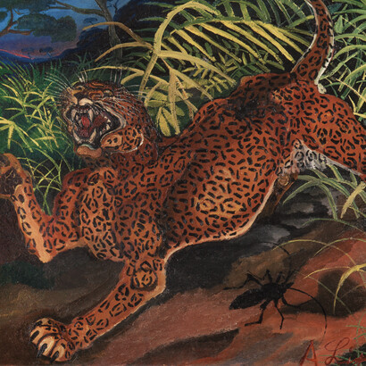 Leopardo nella foresta, s.d. (1956-1957), olio su tavola di faesite, 54 x 54 cm. Collezione privata