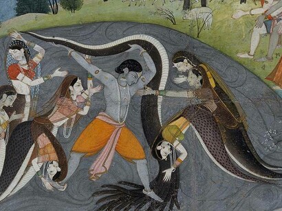 Krishna che sottomette Kaliya, il demone serpente, folio di una serie di Bhagavata Purana, 1785 circa, Metropolitan Museum of Art, New York, USA