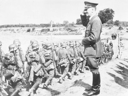Hitler reviews troops on the march during the campaign against Poland (September 1939)