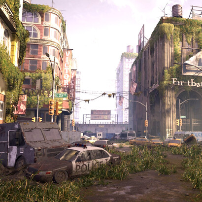 An abandoned futuristic city of silent structures and deserted vehicles, its vast megastructure interiors bearing the traces of a collapsed advanced civilization